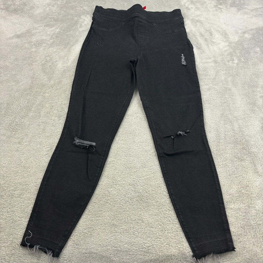 Spanx High Rise Jean-ish Leggings Womens‎ M Black Stretch Skinny Pull On Raw Hem